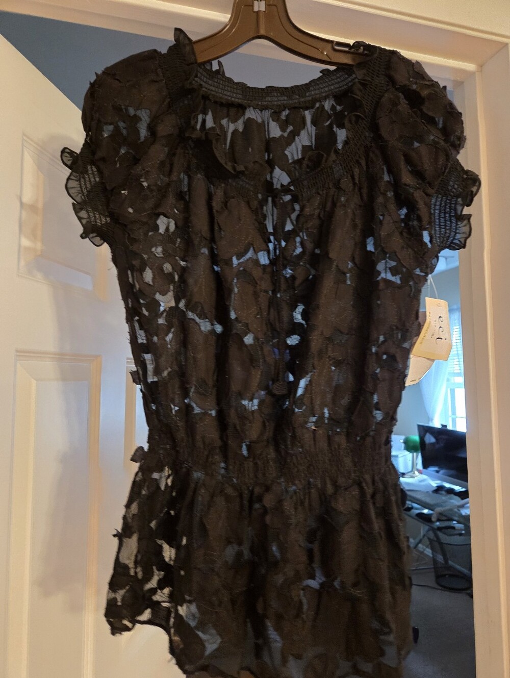 ECI Black Floral Cutout Sheer Peplum Top SIZE 10 NWT